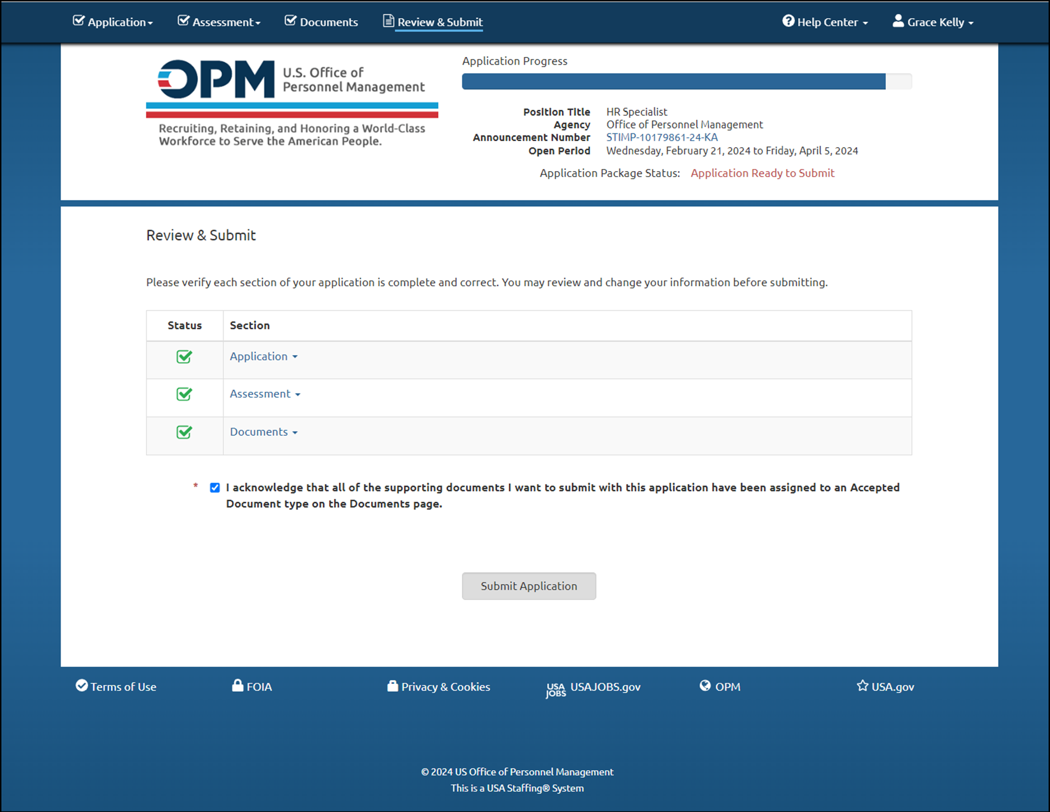 Application Review and submit page