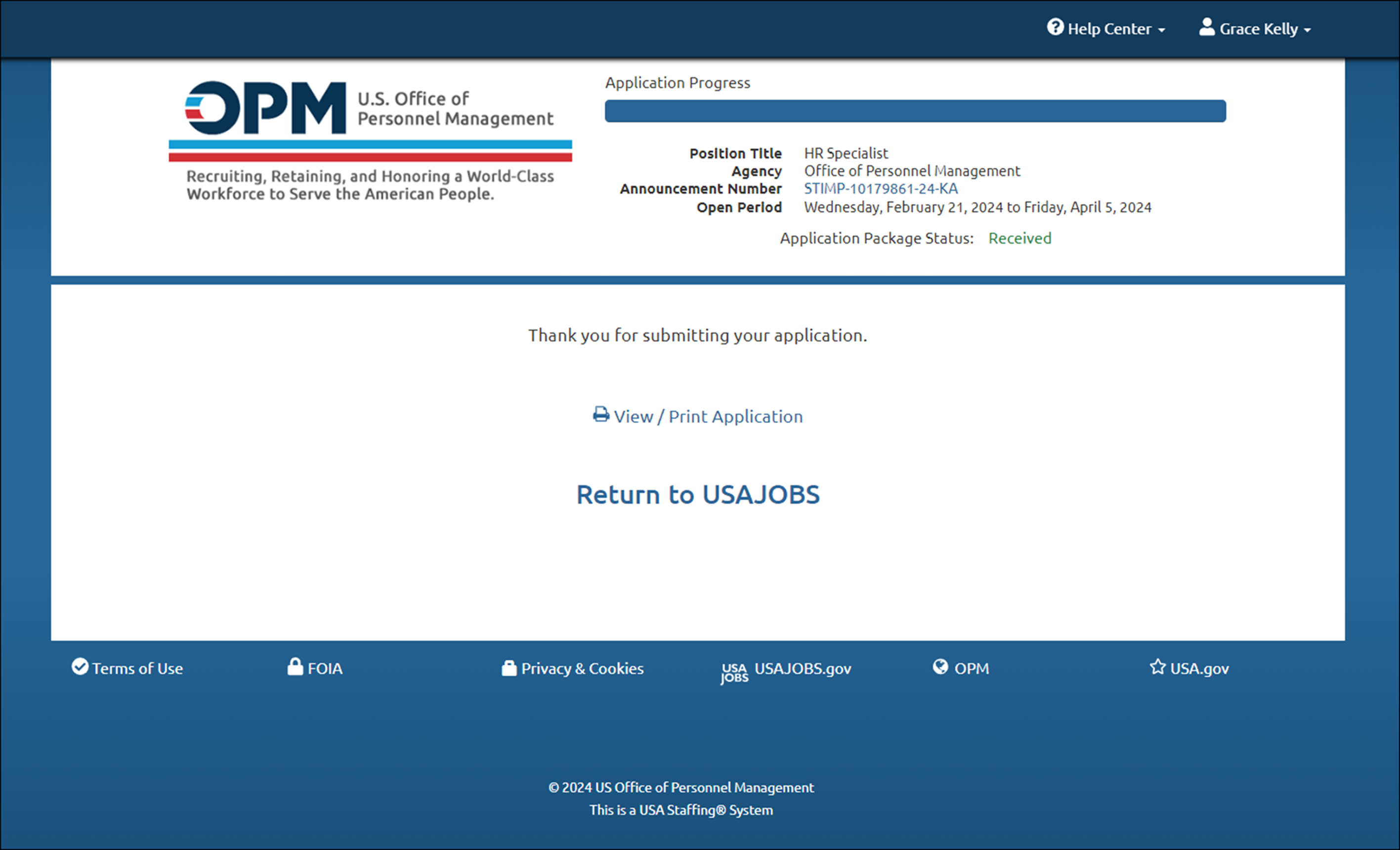 Application Submission Online Confirmation Message Page