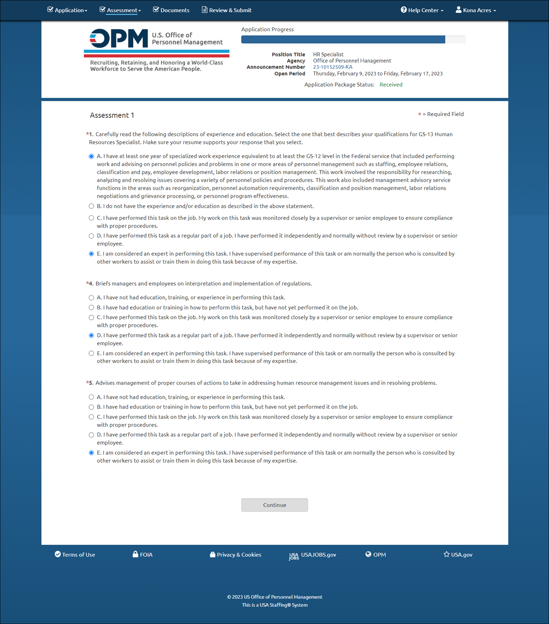 Assessment page