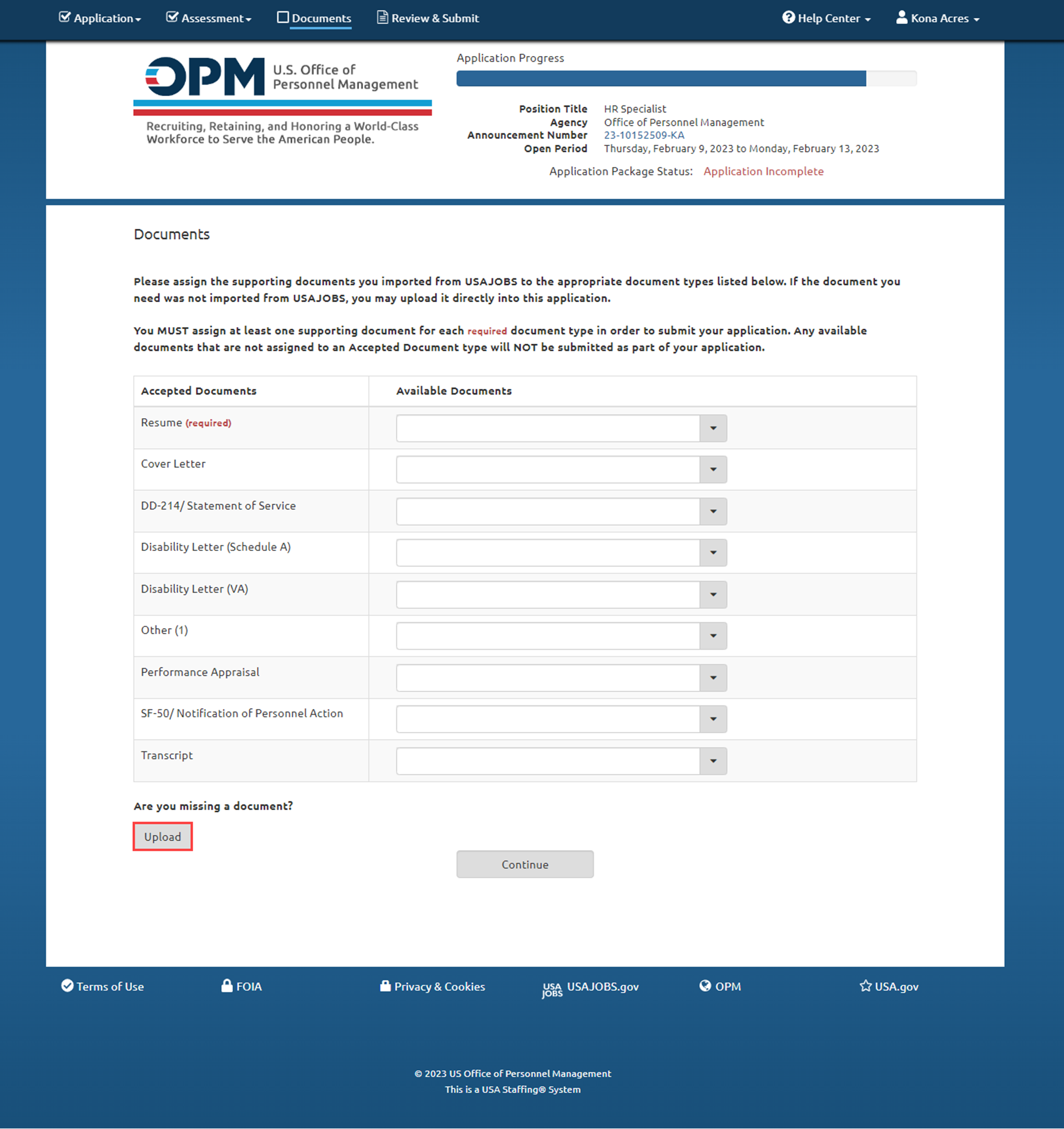 Documents upload page