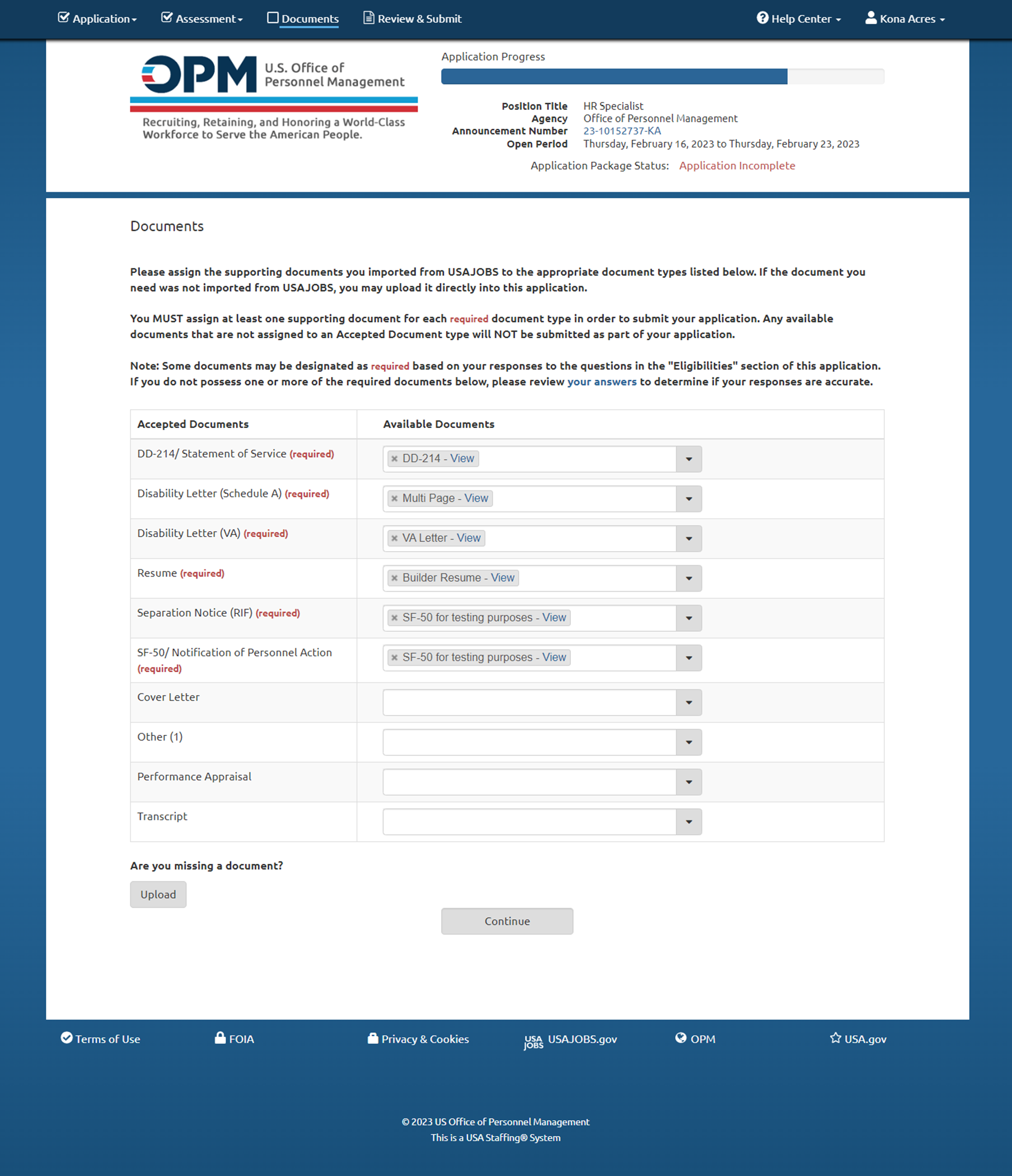 Application Documents page