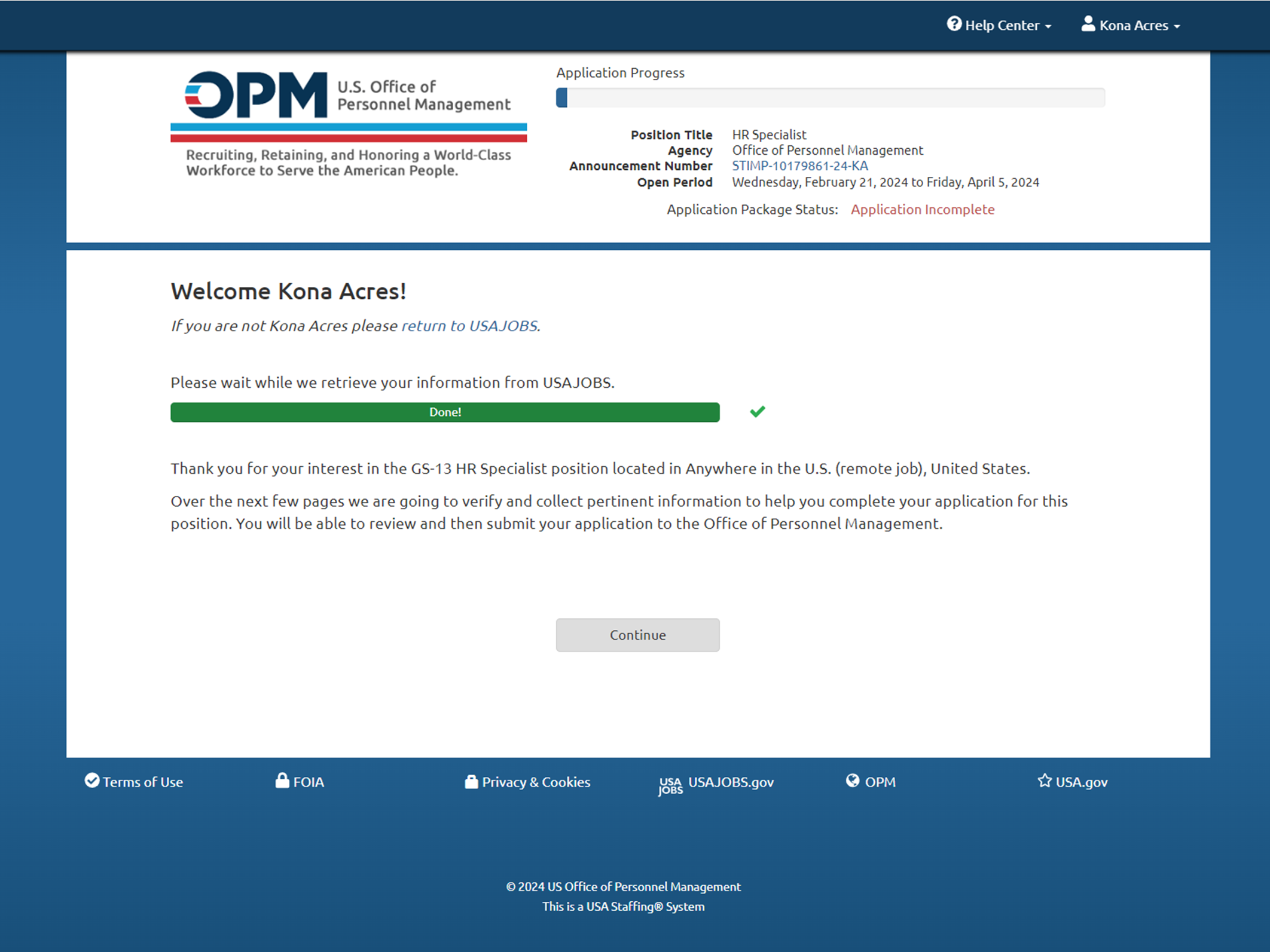 Application Welcome page