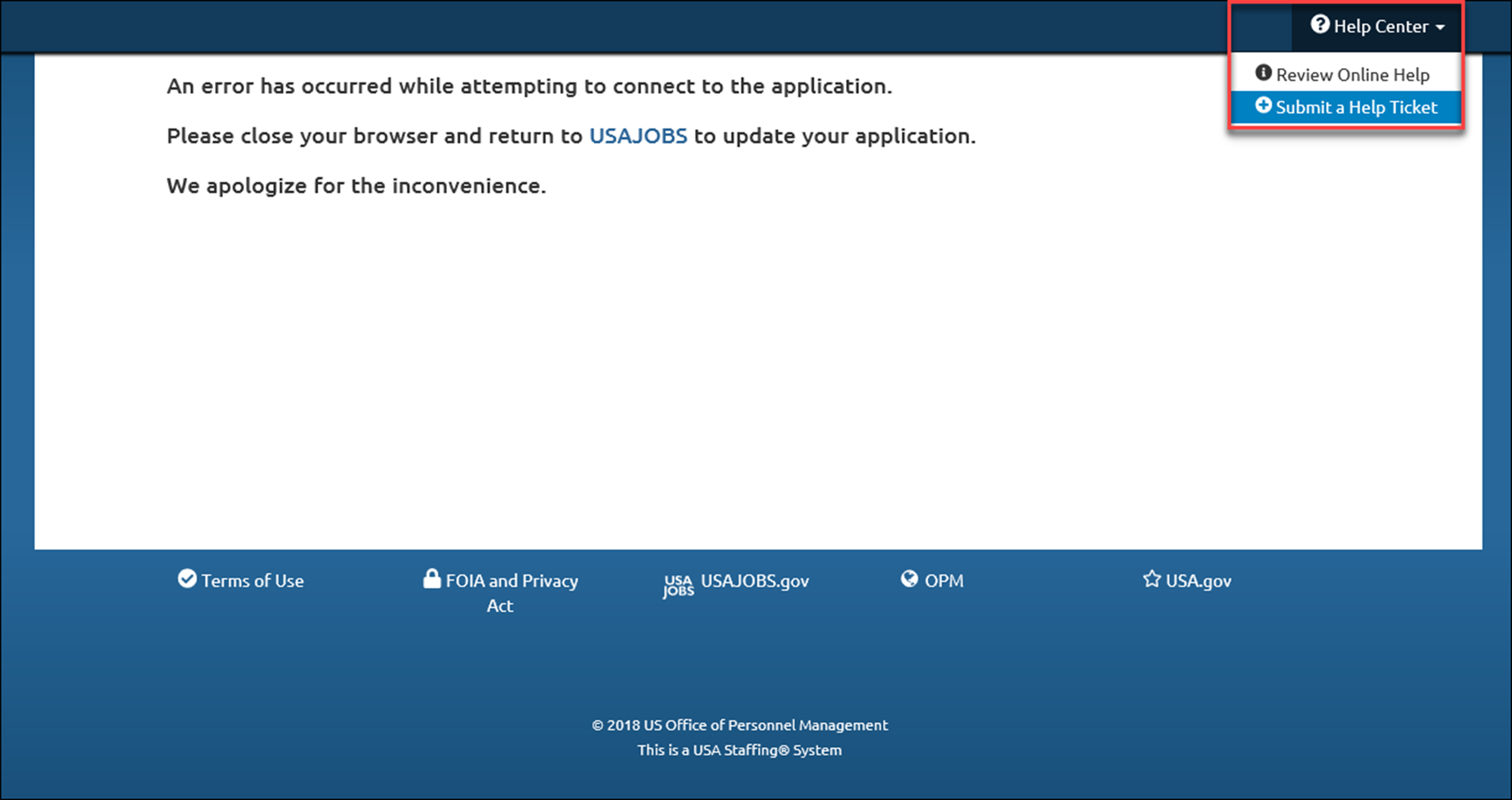 Application Application Error message