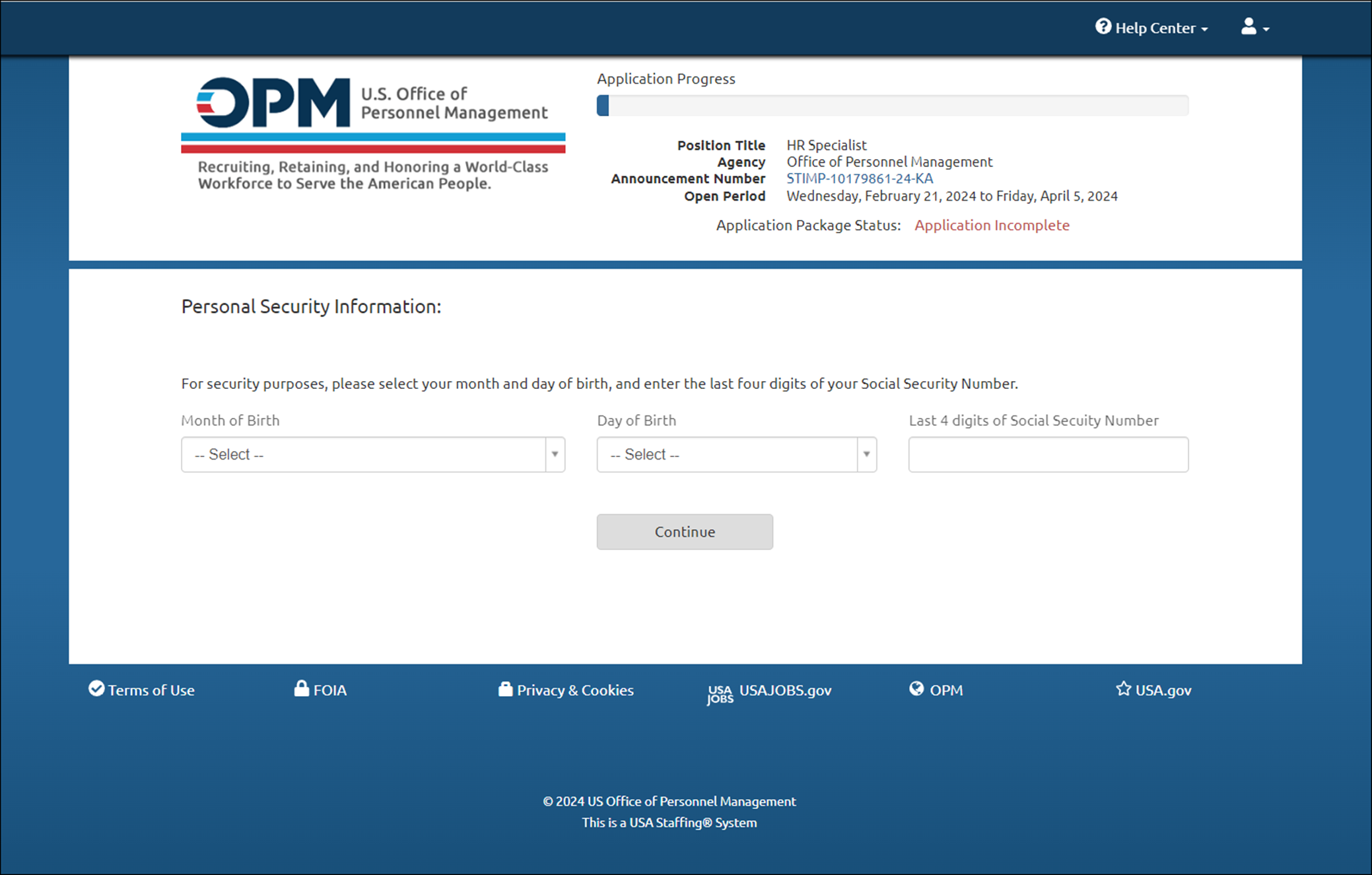 Application Personal Security Information page