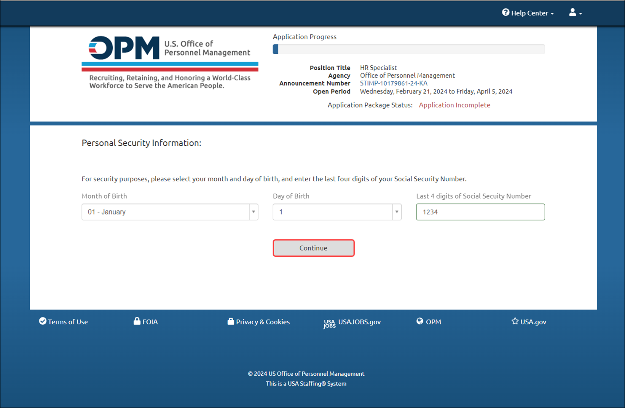Application Personal Security Information page