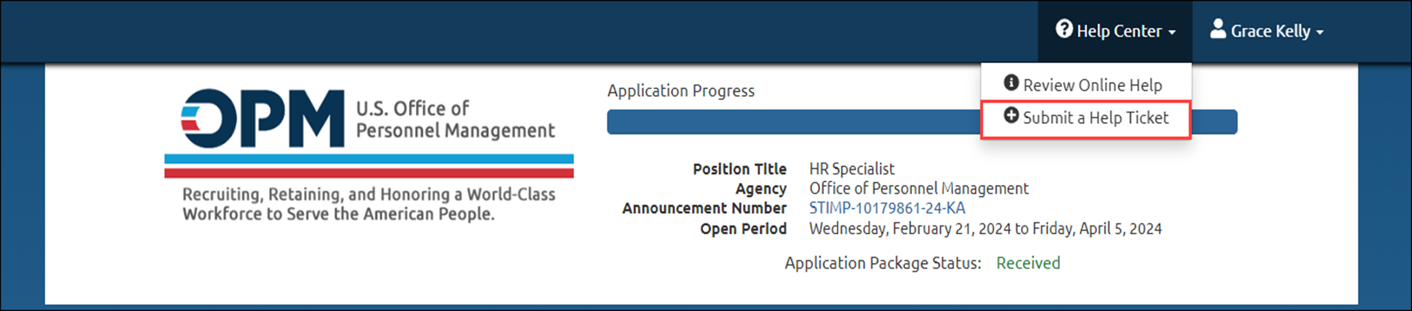 Application Submitting a help desk ticket
