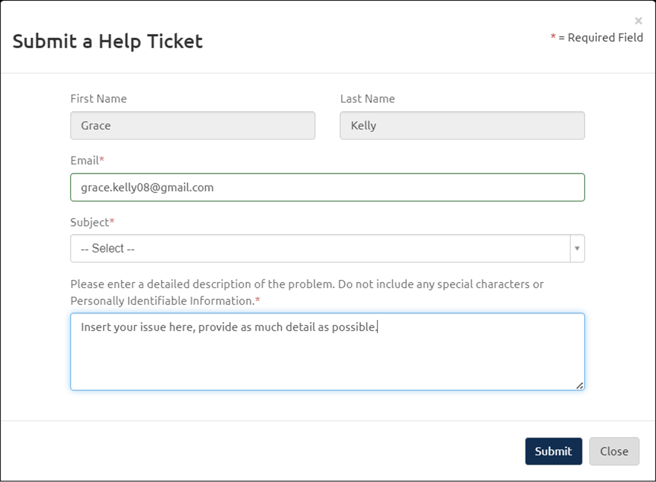 Application Submitting a  Help Desk Ticket form